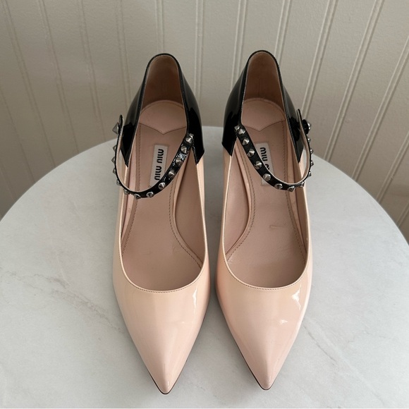 Miu Miu Studded Two-Tone Patent Leather Mary Janes - Picture 1 of 16